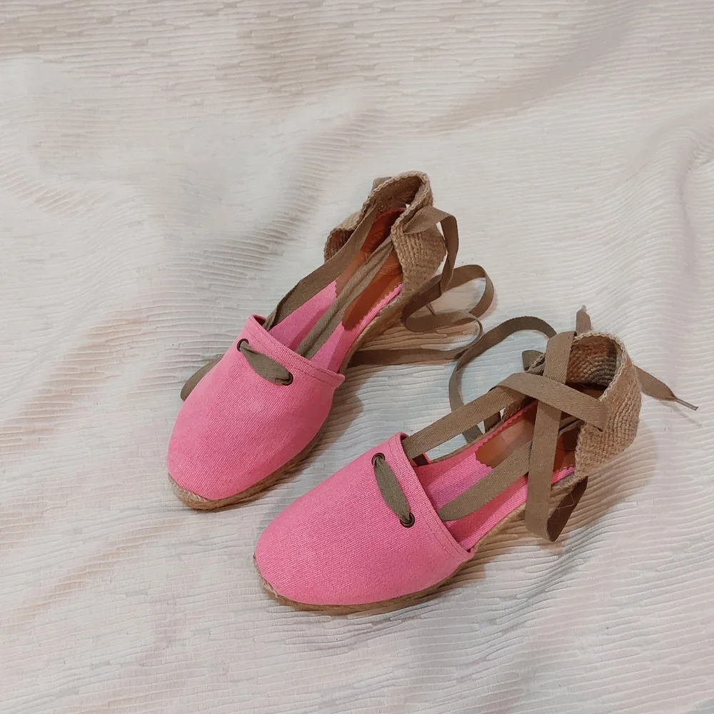 Penelope Chilvers Pink Espadrille Wedge Ankle Tie Sandals Size 40